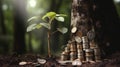 Small trees growing from soil and coin stacks on the ground