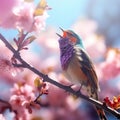 AI generative photography, A bird is singing in an oriental cherry tree Royalty Free Stock Photo