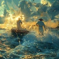 AI generative photography, Fishermen standing on boats.