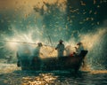 AI generative photography, Fishermen standing on boats.