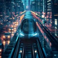 AI generative photography,futuristic high tech design commuter train on a futuristic city landscape, Royalty Free Stock Photo