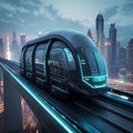 AI generative photography,futuristic high tech design commuter train on a futuristic city landscape, Royalty Free Stock Photo