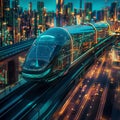 AI generative photography,futuristic high tech design commuter train on a futuristic city landscape, Royalty Free Stock Photo