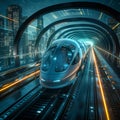 AI generative photography,futuristic high tech design commuter train on a futuristic city landscape, Royalty Free Stock Photo