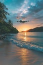 AI generative photography Landscape,airplanes,fly on island sea beach Royalty Free Stock Photo