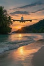 AI generative photography Landscape,airplanes,fly on island sea beach Royalty Free Stock Photo