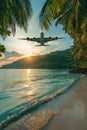 AI generative photography Landscape,airplanes,fly on island sea beach Royalty Free Stock Photo