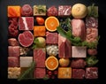 AI generative photography real square picture of many different foods Royalty Free Stock Photo