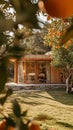 AI generative photography wooden house in the orange garden