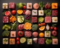 AI generative photography real square picture of many different foods Royalty Free Stock Photo