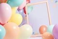 AI generative. Picture frame and colorful balloons, happy birthday, celebrate, valentine,
