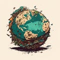 AI generative planet earth made of garbage, doodle style illustration