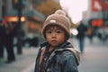 Ai generative Portrait of a cute little boy on the street in the city