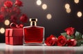 Product photography, red blank parfume bottle and red roses card, banner design Royalty Free Stock Photo