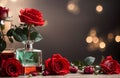 Product photography, red blank parfume bottle and red roses card, banner design Royalty Free Stock Photo