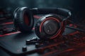 Ai Generative Professional dj headphones on a black background. 3d rendering toned image