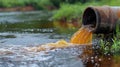 Rust-colored effluent discharging from a pipe into a river, polluting the water.