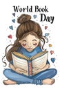 Serene girl reading a book with World Book Day and heart doodles around her.