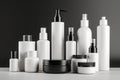 Ai Generative Set of cosmetic products on grey background. Mockup for branding design