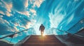 Silhouette of a man ascending stairs towards the sun and clouds. Royalty Free Stock Photo