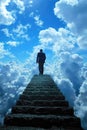 Silhouetted man atop stairs reaching towards the sky among clouds. Royalty Free Stock Photo
