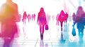 Silhouettes of people in a bright, color-saturated corridor. Royalty Free Stock Photo