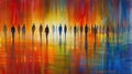 Silhouettes of people walking with vibrant, reflective abstract background. Royalty Free Stock Photo
