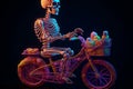 Ai Generative Skeleton riding bicycle with ball of yarn on dark background. Halloween concept