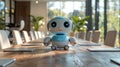 Small, cheerful robot on a meeting table with laptops.