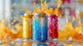 Soda cans with orange liquid splash on colorful backdrop. Royalty Free Stock Photo