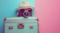 Straw hat on a camera atop a turquoise suitcase, split pink and blue background.