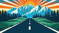 Stylized road leading to majestic mountains under a radiant sun in a vibrant illustration.