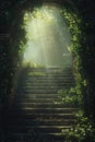 Sunlit staircase in an enchanted forest.