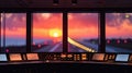 Sunset view from airport control tower with focus on the runway. Royalty Free Stock Photo