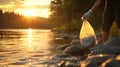 An AI generative system cleans up trash from a beach river sunset thanks to volunteers