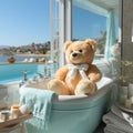 AI generative Teddy bear in bathtub on background of sea and blue sky