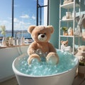 AI generative Teddy bear in bathtub with soap bubbles in bathroom at home