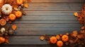 Thanksgiving autumn background with pumpkins and fall leaves on rustic wooden table, seasonal banner with copy space text Royalty Free Stock Photo