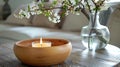 A tranquil setting with a lit candle and fresh spring branches. Royalty Free Stock Photo