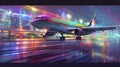 Vibrant airplane landing with city lights and dynamic streaks. Royalty Free Stock Photo