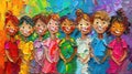 Vibrant painting of a group of cheerful people with exaggerated smiles.