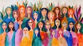 Vibrant painting of stylized female figures with colorful headdresses.