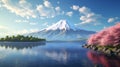 AI Generative. View from a lake with cherry trees, mountain fuji in background
