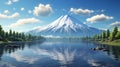 AI Generative. View from a lake with trees, mountain fuji in background