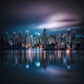 AI generative view of Vancouver's skyline from across water at night.