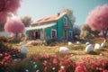 Ai Generative Vintage retro hipster style house with colorful Easter decoration with colorful eggs and flowers in the garden Royalty Free Stock Photo