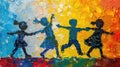 Vivid painting of children playing with a colorful abstract background.