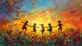 A vivid painting depicts children holding hands against a sunset backdrop.