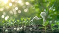 A whimsical figure watering young seedlings in soft sunlight. Royalty Free Stock Photo