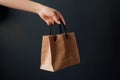 Ai Generative Woman holding paper bag on grey background, closeup. Mockup for design Royalty Free Stock Photo